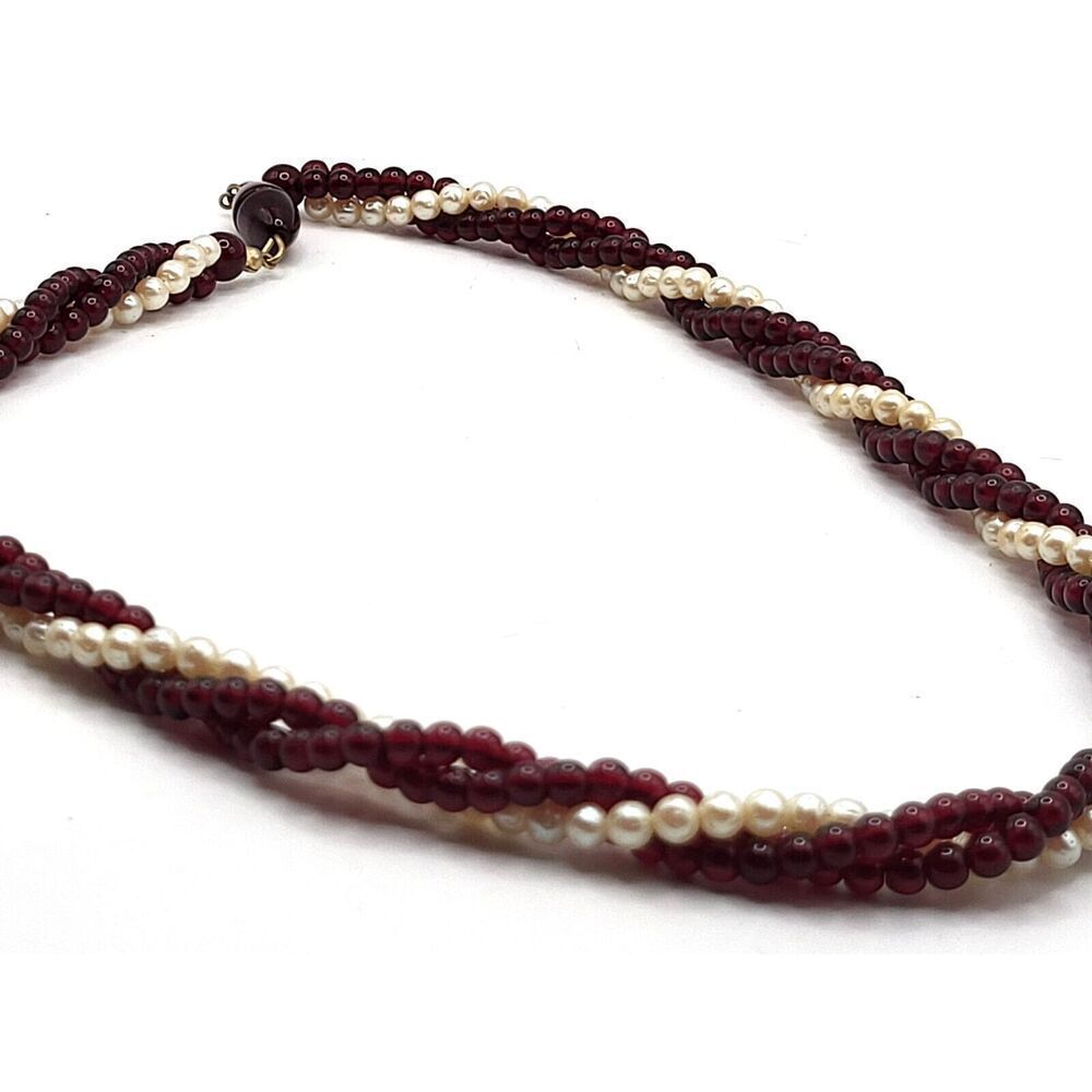 Vintage 1950s Twisted Bohemian Pearl and Garnet Beaded Collar Necklace 19in - Picture 2 of 4